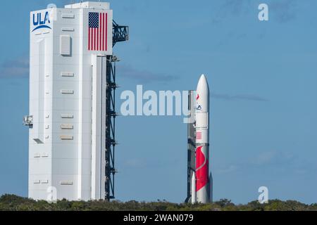 Cape Canaveral, Florida, USA. 5 gennaio 2024. United Launch Alliance Vulcan Rocket Credit: Brandon Moser/Alamy Live News Foto Stock