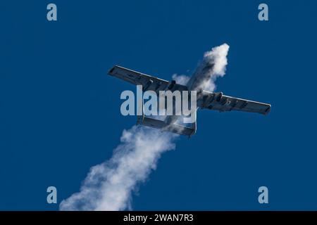 FORT DRUM, N.Y. (12 dicembre 2023) un A-10 Thunderbolt II del 104th Fighter Squadron, spara il suo cannone GAU-8 Avenger da 30 mm mentre conduce un supporto aereo ravvicinato agli operatori Naval Special Warfare (SEAL) basati sulla costa orientale durante un'esercitazione congiunta di controllo di attacco terminale (JTAC) a Fort Drum, N.Y., 12 dicembre 2023. L'addestramento JTAC consente al personale della Naval Special Warfare di perfezionare la propria interoperabilità con risorse congiunte per estendere la propria portata tattica. Naval Special Warfare Group TWO produce, supporta e schiera le principali forze di operazioni speciali marittime al mondo per condurre operazioni a spettro completo Foto Stock