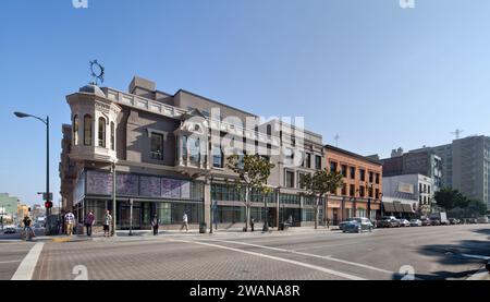 New Pershing Apartments, 5th Street e Main Street nel centro di Los Angeles, riutilizzo adattivo del 1889 Pershing Hotel e Roma Hotel 1905, esterni/interni. Foto Stock