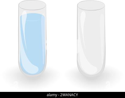 Set di 2 contenitori in vetro trasparente a forma di provetta con ombre e luci. Isolare. EPS. Elementi di progettazione vettoriale per schede o Web, poster, banner, brochure o altri usi diversi Illustrazione Vettoriale