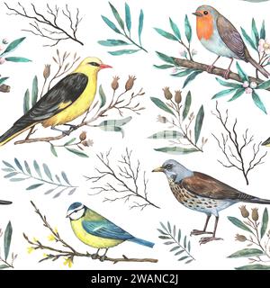 Watercolor pattern with garden spring birds on blooming branches. Hand-drawn print in retro style for design and textile. Foto Stock