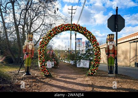 Prattville, Alabama, USA-dic. 12:2023: Inizio del Christmas Tree Trail lungo Autauga Creek nel centro di Prattville nel pomeriggio senza sborsare Foto Stock