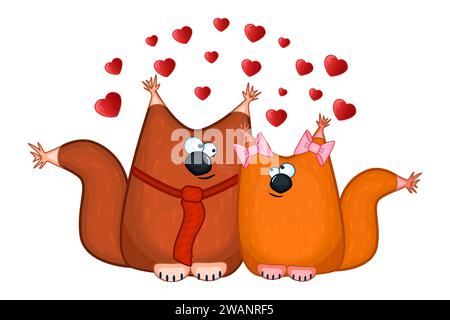 Coppia di scoiattoli di San Valentino e molti cuori rossi. Simpatici cartoni animati, due lampadari marroni. Un paio di simpatici scoiattoli innamorati. Dolce carattere chanterelle. Illustrazione Vettoriale
