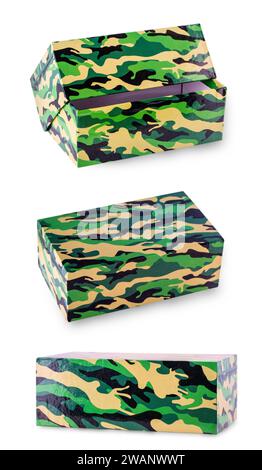 Set di scatole kaki isolate su sfondo bianco con percorso di ritaglio Foto Stock