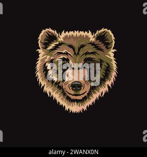 Testa di orso Grizzly marrone, logo colorato della testa dell'orso, mascotte vettoriale per animali. Illustrazione Vettoriale