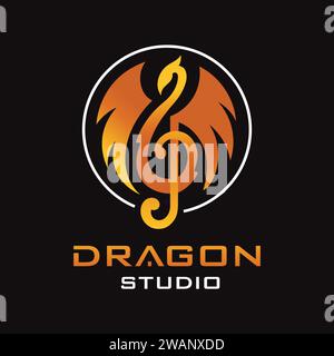 Combinazione di logo musicale e design drago, icona Melody, logo Studio Illustrazione Vettoriale