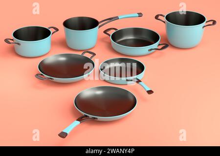 Set di pentole a vapore volante in acciaio inox, padella e pentole in alluminio cromato su sfondo arancione. rendering 3d di utensili da cucina antiaderenti Foto Stock