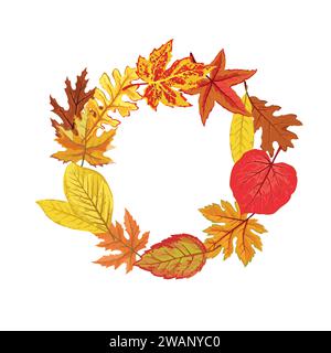 Cornice Vector Autumn Leaves con spazio vuoto vettoriale, modello circolare con illustrazione di varie foglie autunnali colorate per l'offerta pubblicitaria autunnale Illustrazione Vettoriale