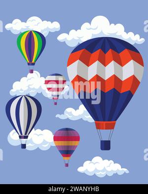 Mongolfiere volanti colorate nel cielo blu. mongolfiera d'epoca, illustrazione di sfondo del vettore di trasporto aereo smontato Illustrazione Vettoriale