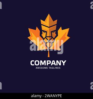 Logo a foglia d'acero leone, foglie d'acero combinate con un volto di leone nello stile di uno spazio negativo Illustrazione Vettoriale