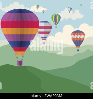 Mongolfiere volanti colorate nel cielo blu. mongolfiera d'epoca, illustrazione di sfondo del vettore di trasporto aereo smontato Illustrazione Vettoriale