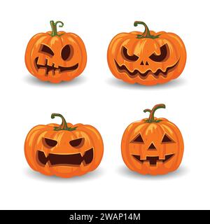 Zucche di Halloween in vettoriale con un set di volti diversi per icone e decorazioni su sfondo arancione brillante. Illustrazione vettoriale Illustrazione Vettoriale