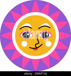 Emoticon di sole con divertente espressione del sorriso Illustrazione Vettoriale