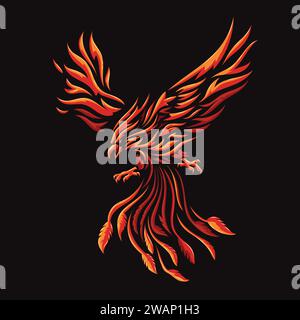 illustrazione vettoriale colorata phoenix fire bird su sfondo nero Illustrazione Vettoriale