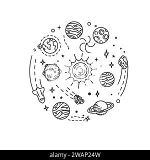 Sistema solare Doodle. Pianeti disegnati a mano, cometa cosmica e stelle, scarabocchi astronomici spaziali. Sistema solare celeste Illustrazione Vettoriale