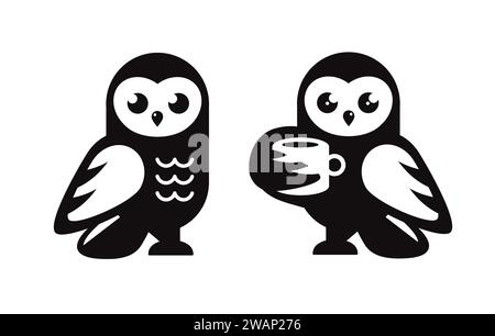 gufo che contiene una tazza di icona del caffè vettore di sfondo bianco e nero Illustrazione Vettoriale