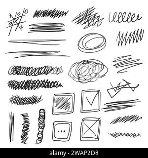 Insieme vettoriale di tracciati, barrate, linee e forme. Illustrazione di Doodle disegnata a mano in stile sciocco Illustrazione Vettoriale