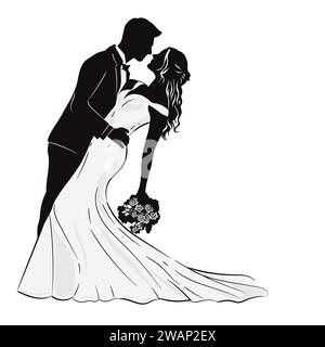 Silhouette di sposo e sposo per sfondo, vettore di invito al matrimonio Illustrazione Vettoriale
