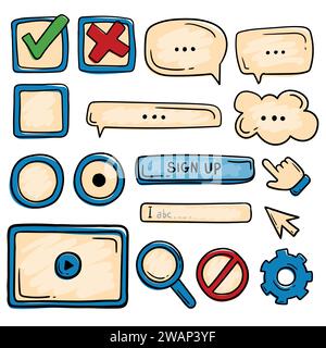 Set di elementi di progettazione Web vettoriale per un sito Web. Icone, oggetti e simboli disegnati a mano in stile scarabeo Illustrazione Vettoriale