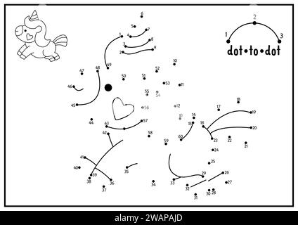 Vettoriale San Valentino punto a punto e attività a colori con simpatico unicorno kawaii con cuore. Adoro le vacanze collega il gioco a punti con un personaggio divertente. Col Illustrazione Vettoriale