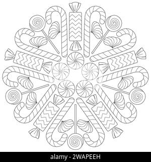 Dolce mandala di caramelle. Illustrazione per le vacanze invernali, pagina a colori, bianco e nero, grafica della linea, stampa e colore, le vacanze preferite, mi piace l'inverno. Illustrazione vettoriale Illustrazione Vettoriale