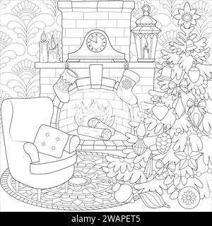 Una camera accogliente con caminetto in fiamme e albero di Natale decorato. Un orologio sul mantelpiece e candele accese. Illustrazione per le vacanze invernali, pagina a colori, bianco e nero, grafica, stampa e colore Illustrazione Vettoriale