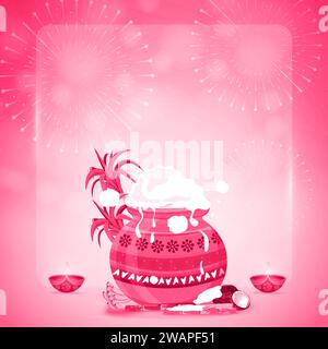 Biglietto d'auguri per il festival Happy Pongal con ciotola di riso e fuochi d'artificio. Illustrazione vettoriale Illustrazione Vettoriale