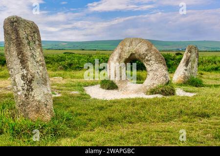 Men-an-Tol, antiche pietre erette vicino a Penzance, Cornovaglia, Regno Unito Foto Stock