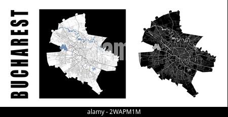 Mappa di Bucarest. Città della Romania all'interno dei confini amministrativi comunali. Set di mappe vettoriali in bianco e nero. Strade e fiume Dambovita, alta risoluzione. Illustrazione Vettoriale