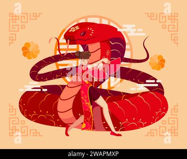 Anno del Serpente Zodiaco Cinese. Felice sfondo lunare o Capodanno cinese Illustrazione Vettoriale