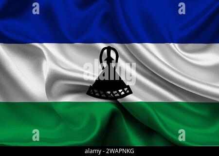 Alta bandiera dettagliata del Lesotho. Bandiera nazionale del Lesotho. Africa. Illustrazione 3D. Foto Stock