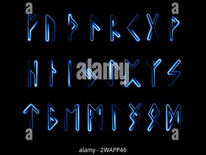 Un insieme di rune con un effetto neon.Divination sulle rune. Illustrazione Vettoriale