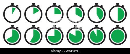 Icona del cronometro impostata in verde. Set di simboli del cronometro. Raccolta dell'icona del timer impostata in verde su sfondo bianco. Cronometro con conto alla rovescia. Illustrazione Vettoriale