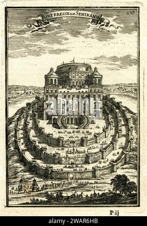 Fortezza di Semiramis, o fortezza e giardini sospesi o sospesi della leggendaria regina assira Semiramis, Babilonia, Iraq. Incisione d'epoca o storica di Allain Manesson Mallet 1683. Foto Stock