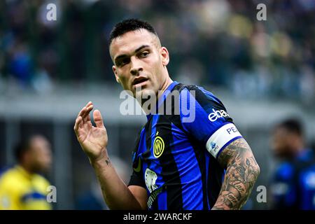 Milano, Italia. 6 gennaio 2024. Lautaro Martinez del FC Internazionale gestures durante la partita di serie A italiana tra l'Inter Milan e l'Hellas Verona allo stadio San Siro di Milano, Italia il 6 gennaio 2024 Credit: Piero Cruciatti/Alamy Live News Foto Stock