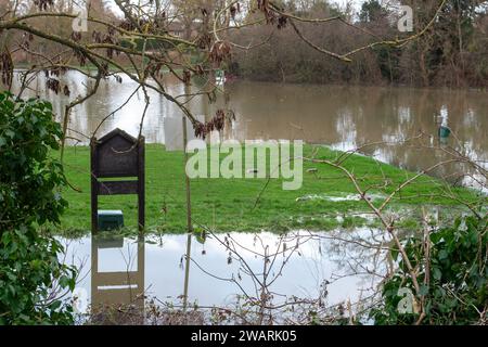 Datchet, Berkshire, Regno Unito. 6 gennaio 2024. Il Datchet Golf Club di Datchet, Berkshire, è allagato. Il corso è vicino al Tamigi, dove il livello dell'acqua continua a salire. Il Tamigi ha fatto irruzione sulle sue sponde e un allarme alluvione rimane in atto per Datchet. Credito: Maureen McLean/Alamy Live News Foto Stock