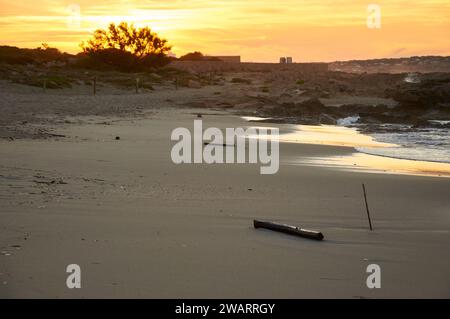 Tramonto dorato sulla spiaggia di Ses Platgetes a es Caló (Formentera, Isole Pityusic, Isole Baleari, Mar Mediterraneo, Spagna) Foto Stock