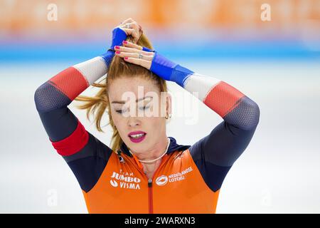 Heerenveen, Paesi Bassi. 6 gennaio 2024. HEERENVEEN, PAESI BASSI - 6 GENNAIO: Antoinette Rijpma-De Jong gareggia sui 1500 m delle donne durante i campionati europei di pattinaggio di velocità ISU a Thialf il 6 gennaio 2024 a Heerenveen, Paesi Bassi. (Foto di Douwe Bijlsma/Orange Pictures) credito: dpa/Alamy Live News Foto Stock