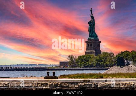 Meravigliosa vista all'alba della Statua della libertà a New York (USA), da Ellis Island, dove si trova il museo dell'immigrazione della grande Mela. Foto Stock