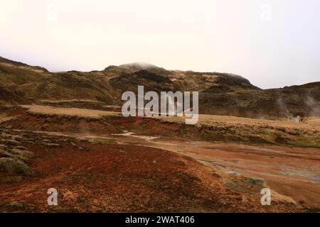 Reykjanesfólkvangur è una splendida riserva naturale in Islanda, piena di meraviglie naturali, tra cui piscine geotermiche e sorgenti termali Foto Stock