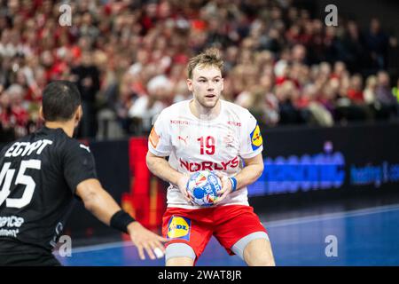 Copenhagen, Danimarca. 6 gennaio 2024. Mathias Gidsel (19) della Danimarca visto durante il Norlys Golden League 2024 match tra Danimarca ed Egitto alla Royal Arena di Copenaghen. (Foto: Gonzales Photo/Alamy Live News Foto Stock