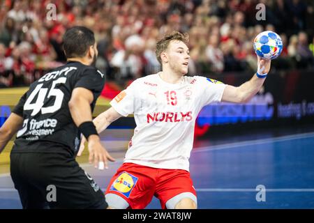 Copenhagen, Danimarca. 6 gennaio 2024. Mathias Gidsel (19) della Danimarca visto durante il Norlys Golden League 2024 match tra Danimarca ed Egitto alla Royal Arena di Copenaghen. (Foto: Gonzales Photo/Alamy Live News Foto Stock