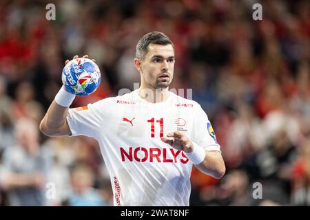 Copenhagen, Danimarca. 6 gennaio 2024. Rasmus Lauge (11) della Danimarca visto durante il Norlys Golden League 2024 match tra Danimarca ed Egitto alla Royal Arena di Copenaghen. (Foto: Gonzales Photo/Alamy Live News Foto Stock