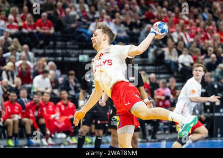 Copenhagen, Danimarca. 6 gennaio 2024. Mathias Gidsel (19) della Danimarca visto durante il Norlys Golden League 2024 match tra Danimarca ed Egitto alla Royal Arena di Copenaghen. (Foto: Gonzales Photo/Alamy Live News Foto Stock