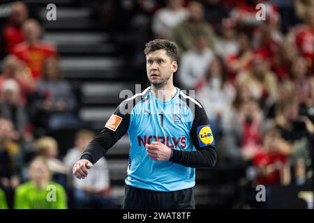 Copenhagen, Danimarca. 6 gennaio 2024. Niklas Landin (1) della Danimarca visto durante il Norlys Golden League 2024 match tra Danimarca ed Egitto alla Royal Arena di Copenaghen. (Foto: Gonzales Photo/Alamy Live News Foto Stock