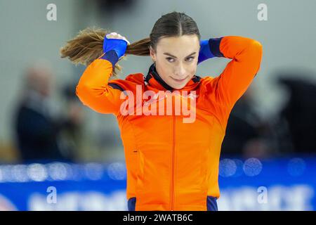 Heerenveen, Paesi Bassi. 6 gennaio 2024. HEERENVEEN, PAESI BASSI - 6 GENNAIO: Femke Kok gareggia sui 500m femminili durante i campionati europei di pattinaggio di velocità ISU a Thialf il 6 gennaio 2024 a Heerenveen, Paesi Bassi. (Foto di Douwe Bijlsma/Orange Pictures) credito: dpa/Alamy Live News Foto Stock