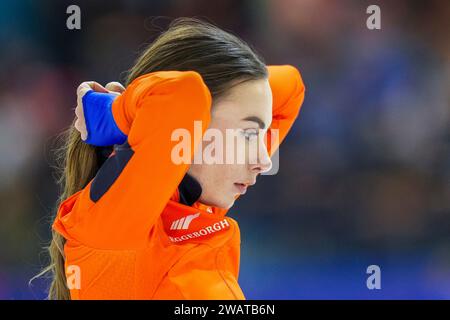 Heerenveen, Paesi Bassi. 6 gennaio 2024. HEERENVEEN, PAESI BASSI - 6 GENNAIO: Femke Kok gareggia sui 500m femminili durante i campionati europei di pattinaggio di velocità ISU a Thialf il 6 gennaio 2024 a Heerenveen, Paesi Bassi. (Foto di Douwe Bijlsma/Orange Pictures) credito: dpa/Alamy Live News Foto Stock