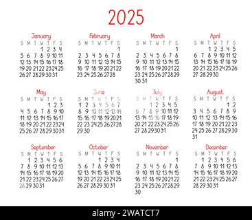 Modello di calendario per l'anno 2025 in semplice stile minimalista, la settimana inizia la domenica, pagina stampabile vettoriale Illustrazione Vettoriale
