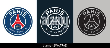 Paris Saint Germain FC - PSG colore bianco e nero Logo a 3 stili Francia Professional Football Club, illustrazione vettoriale immagine astratta Illustrazione Vettoriale