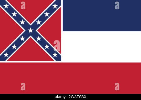 Alta bandiera dettagliata del Mississippi. Bandiera dello stato del Mississippi, bandiera nazionale del Mississippi. Bandiera dello stato del Mississippi. USA. America. Illustrazione Vettoriale